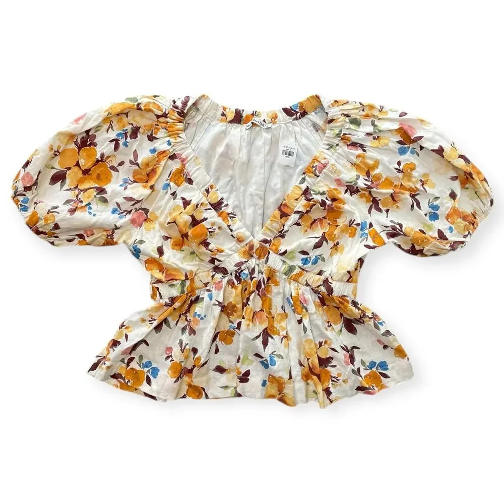 NWT Abercrombie & Fitch Floral Babydoll Cottage Puff Sleeve Linen Blend Top